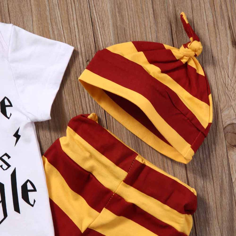 3-piece Letters Print Bodysuit Stripes Pants with Hat for Baby, zoerea.com