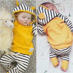 2-piece Baby Boy Yellow Ear Decor Hoodie And Striped Pants Set, zoerea.com