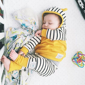 2-piece Baby Boy Yellow Ear Decor Hoodie And Striped Pants Set, zoerea.com