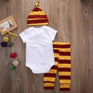 3-piece Letters Print Bodysuit Stripes Pants with Hat for Baby, zoerea.com