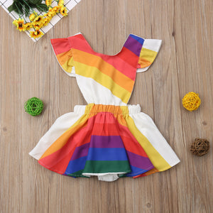 Kids Baby Girl Romper Rainbow Striped Ruffle Sleeve Party Dress, zoerea.com