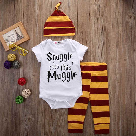 3-piece Letters Print Bodysuit Stripes Pants with Hat for Baby, zoerea.com