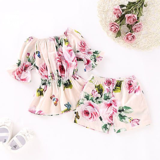 Baby Girls' Basic Floral Short Sleeve Top & Shorts Regular Clothing Set, zoerea.com