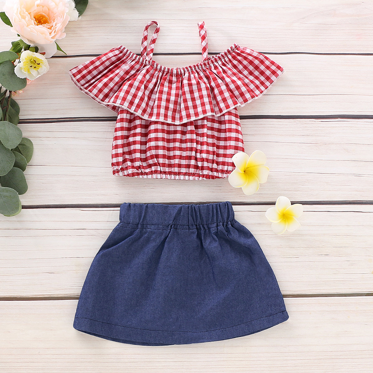 Plaid Flounced Strappy Top and Denim Skirt Set, zoerea.com