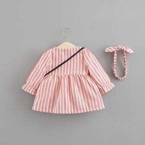 3-piece Cute Striped Belted Dress With a Bag, zoerea.com