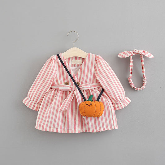 3-piece Cute Striped Belted Dress With a Bag, zoerea.com