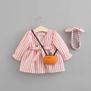 3-piece Cute Striped Belted Dress With a Bag, zoerea.com