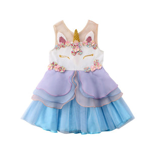 Kid Girl Chiffon 3D Unicorn Bridesmaid Formal Sleeveless Dress, zoerea.com
