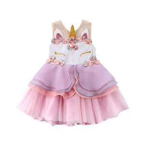 Kid Girl Chiffon 3D Unicorn Bridesmaid Formal Sleeveless Dress, zoerea.com