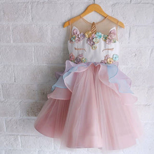 Kid Girl Chiffon 3D Unicorn Bridesmaid Formal Sleeveless Dress, zoerea.com