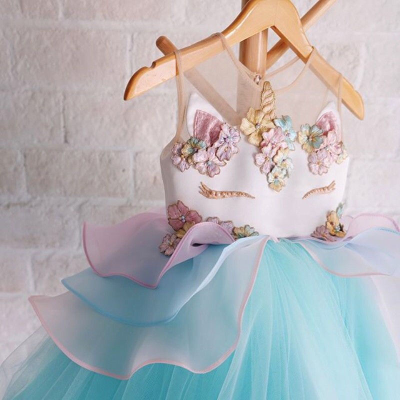 Kid Girl Chiffon 3D Unicorn Bridesmaid Formal Sleeveless Dress, zoerea.com