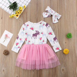 XMAS Toddler Kids Baby Girl Party Deer Long Sleeve Tutu Tulle Dress, zoerea.com