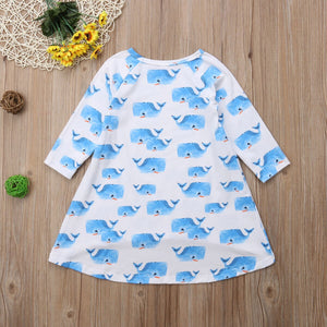 Newborn Kids Baby Girls Whale Print Cotton Long Sleeve Casual Dress, zoerea.com