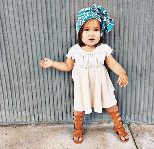 Baby Girl Princess Summer Solid Party Cotton Tassel Sundress Dress, zoerea.com