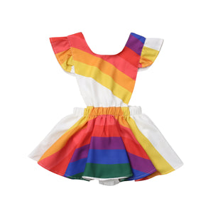 Kids Baby Girl Romper Rainbow Striped Ruffle Sleeve Party Dress, zoerea.com