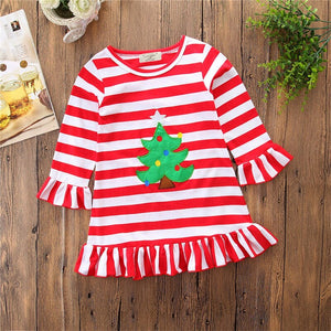 Toddler Kids Baby Girls Christmas Striped Clothes Long Sleeve Dress, zoerea.com