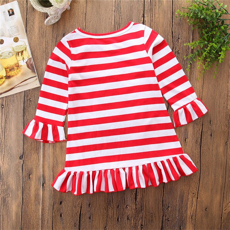 Toddler Kids Baby Girls Christmas Striped Clothes Long Sleeve Dress, zoerea.com