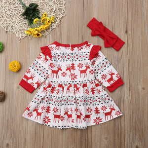 Baby Girl Christmas Cartoon Deer Fly Sleeve Party Dress Headband, zoerea.com