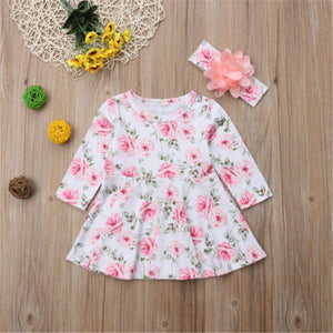 Toddler Kids Baby Girl Party Floral Long Sleeve Outfit Headband Dress, zoerea.com