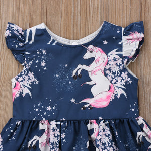 Infant Baby Girl Floral Animal Unicorn Pattern Summer One-Piece Dress, zoerea.com