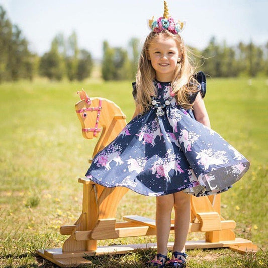 Infant Baby Girl Floral Animal Unicorn Pattern Summer One-Piece Dress, zoerea.com