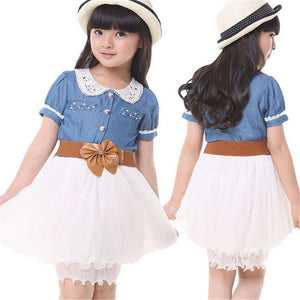 Baby Girls Kids Teenager Princess Stitching Bow Belt Denim Tulle Dress, zoerea.com