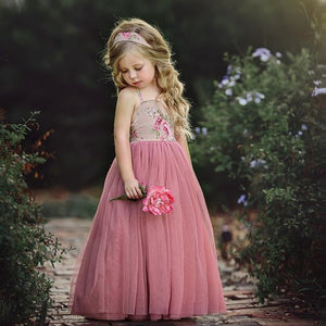Kids Girl Lace Flower Maxi Long Princess Party Gown Formal Dress, zoerea.com