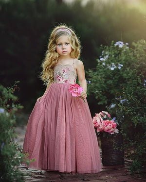 Kids Girl Lace Flower Maxi Long Princess Party Gown Formal Dress, zoerea.com